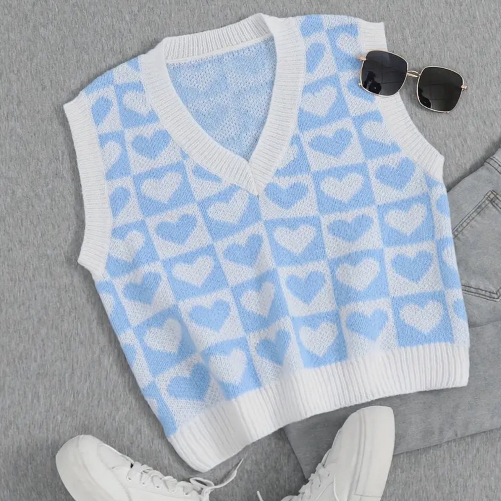 Valentine’s Day Heart Pattern, Y2K V Neck Knitted Sleeveless Vest